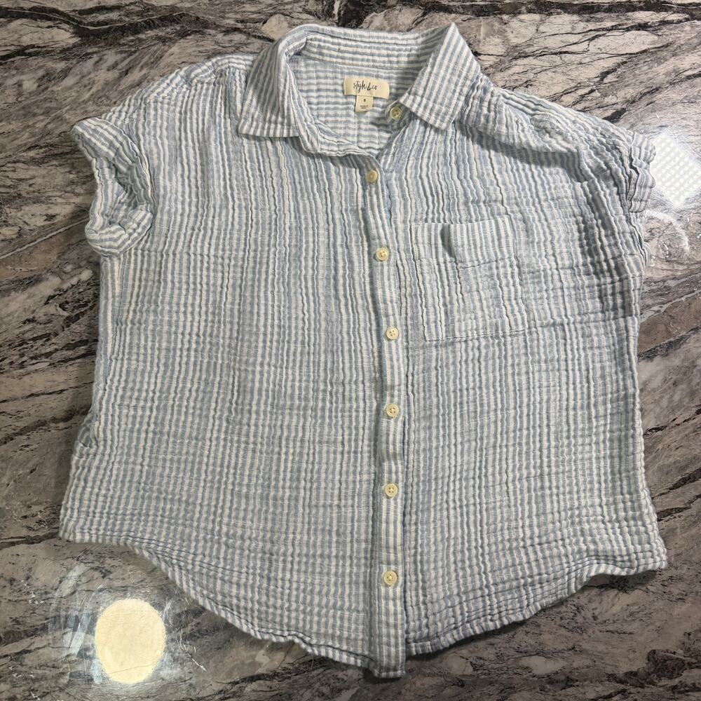Women's Style & Co Blouse Top Short Sleeve Fashion Shirt - Blue - Small